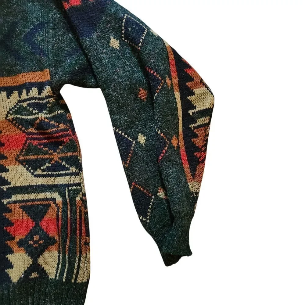 Vintage Peter Jon Sweater Mens XL Green Aztec Southwestern 80s Acrylic Pullover